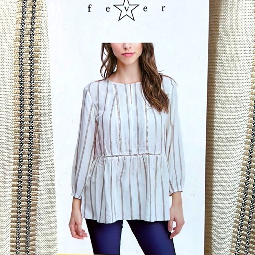 Fever Cream and Tan Peasant Blouse Top